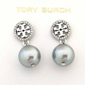 Tory Burch silver logo pearl drop earrings